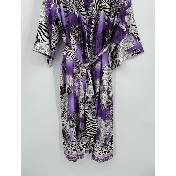 NATORI CRUZ 2 PIECE SET robe slip nightgown satin floral midi kimono purple L - Picture 5 of 13